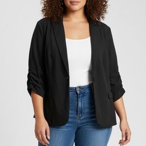 TORRID Studio Stretch Ponte One Button Ruched 3/4 Sleeve Blazer Jacket Black 2
